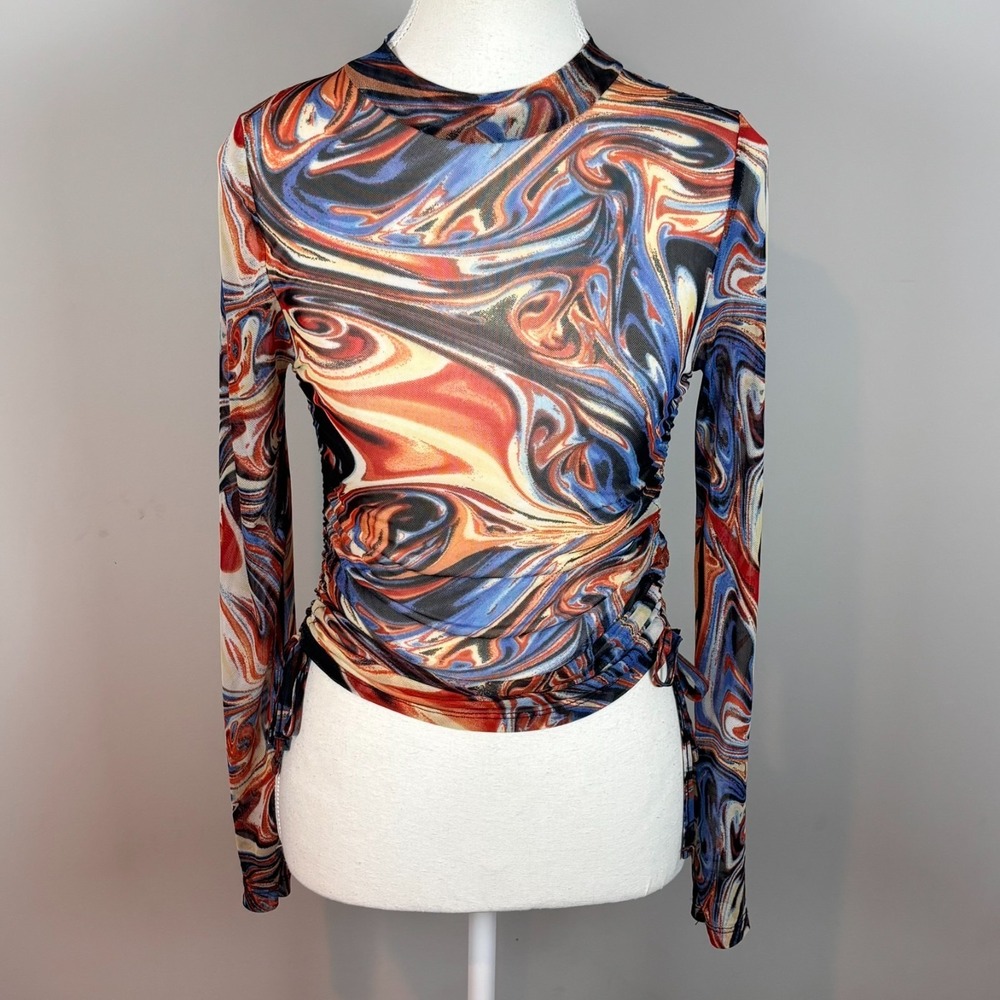 Forever 21 Womens Mesh Sheer Multicolor Watercolor Abstract Pattern Top SZ MED